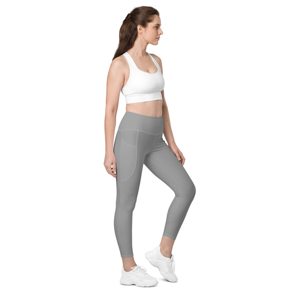 Ash Grey Color Women's Tights, Light Grey Modern Simple Essential Solid Color Best Women's 7/8 Leggings Yoga Pants With 2 Side Deep Long Pockets - Made in USA/EU/MX (US Size: 2XS-6XL) Plus Size Available, Women's High Waist Yoga Pants with Built-in Pockets, Exercise Leggings With Pockets, Women's Workout Leggings with Pockets  