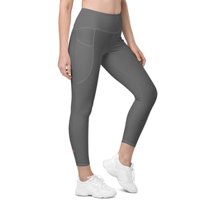Dark Grey Color Women's Tights, Dark Grey Modern Simple Essential Solid Color Best Women's 7/8 Leggings Yoga Pants With 2 Side Deep Long Pockets - Made in USA/EU/MX (US Size: 2XS-6XL) Plus Size Available, Women's High Waist Yoga Pants with Built-in Pockets, Exercise Leggings With Pockets, Women's Workout Leggings with Pockets  