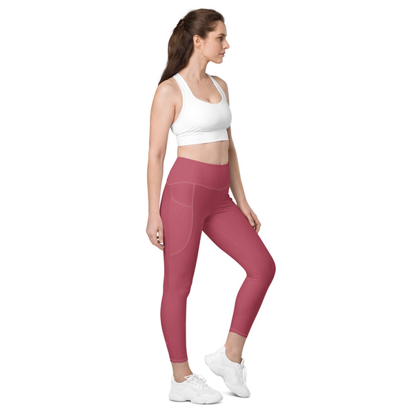 Dark Pink Color Women's Tights, Dark Nude Pink Modern Simple Essential Solid Color Best Women's 7/8 Leggings Yoga Pants With 2 Side Deep Long Pockets - Made in USA/EU/MX (US Size: 2XS-6XL) Plus Size Available, Women's High Waist Yoga Pants with Built-in Pockets, Exercise Leggings With Pockets, Women's Workout Leggings with Pockets  