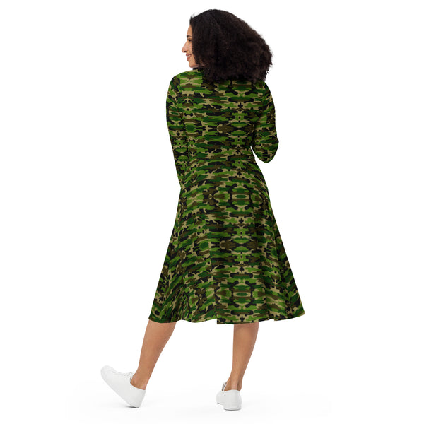 Green Camo Women's Midi Dress, Long Sleeve Camouflage Army Military Camo Print Elegant Midi Dress For Women - Made in EU (US Size: 2XS-6XL) Plus Size Available For Curvy Ladies, Plus Size Women's Dresses, Plus Size Fit & Flare And A-Line Dresses For Women