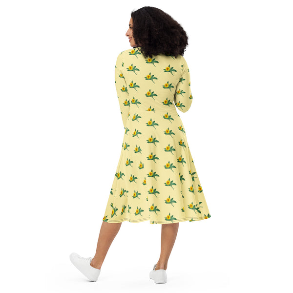 Yellow Sunflower Floral Dress, Long Sleeve Floral Print Elegant Midi Dress For Women - Made in EU (US Size: 2XS-6XL) Plus Size Available For Curvy Ladies, Plus Size Women's Dresses, Plus Size Fit & Flare And A-Line Dresses For Women