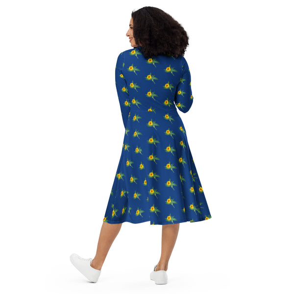 Dark Blue Sunflower Floral Dress, Long Sleeve Floral Print Elegant Midi Dress For Women - Made in EU (US Size: 2XS-6XL) Plus Size Available For Curvy Ladies, Plus Size Women's Dresses, Plus Size Fit & Flare And A-Line Dresses For Women