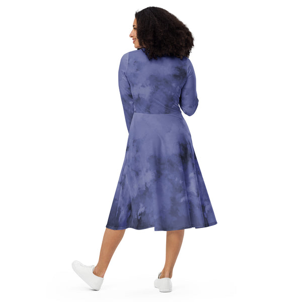 Purple Abstract Women's Dress, Long Sleeve Abstract Print Elegant Midi Dress For Women - Made in EU (US Size: 2XS-6XL) Plus Size Available For Curvy Ladies, Plus Size Women's Dresses, Plus Size Fit & Flare And A-Line Dresses For Women