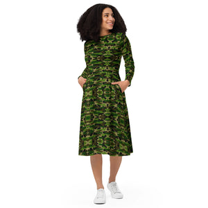 Green Camo Women's Midi Dress, Long Sleeve Camouflage Army Military Camo Print Elegant Midi Dress For Women - Made in EU (US Size: 2XS-6XL) Plus Size Available For Curvy Ladies, Plus Size Women's Dresses, Plus Size Fit & Flare And A-Line Dresses For Women
