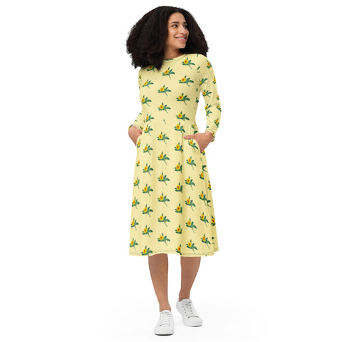 Yellow Sunflower Floral Dress, Long Sleeve Floral Print Elegant Midi Dress For Women - Made in EU (US Size: 2XS-6XL) Plus Size Available For Curvy Ladies, Plus Size Women's Dresses, Plus Size Fit & Flare And A-Line Dresses For Women