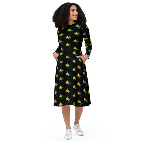 Black Sunflower Floral Dress, Long Sleeve Floral Print Elegant Midi Dress For Women - Made in EU (US Size: 2XS-6XL) Plus Size Available For Curvy Ladies, Plus Size Women's Dresses, Plus Size Fit & Flare And A-Line Dresses For Women
