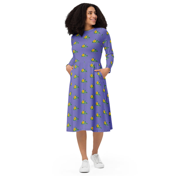 Purple Sunflower Floral Dress, Long Sleeve Floral Print Elegant Midi Dress For Women - Made in EU (US Size: 2XS-6XL) Plus Size Available For Curvy Ladies, Plus Size Women's Dresses, Plus Size Fit & Flare And A-Line Dresses For Women