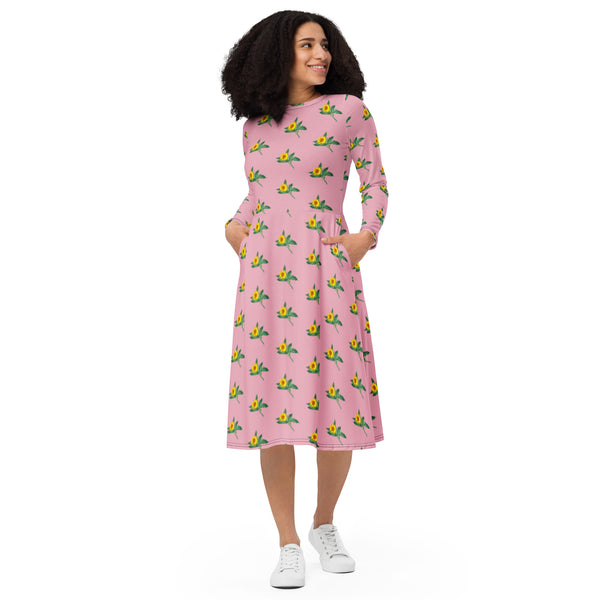 Pink Sunflower Floral Dress, Long Sleeve Floral Print Elegant Midi Dress For Women - Made in EU (US Size: 2XS-6XL) Plus Size Available For Curvy Ladies, Plus Size Women's Dresses, Plus Size Fit & Flare And A-Line Dresses For Women