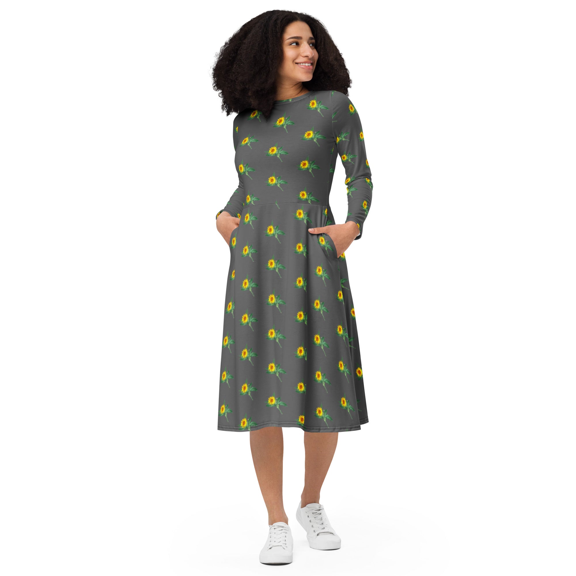 Grey Floral Print Women's Dress, Long Sleeve Floral Print Elegant Midi Dress For Women - Made in EU (US Size: 2XS-6XL) Plus Size Available For Curvy Ladies, Plus Size Women's Dresses, Plus Size Fit & Flare And A-Line Dresses For Women