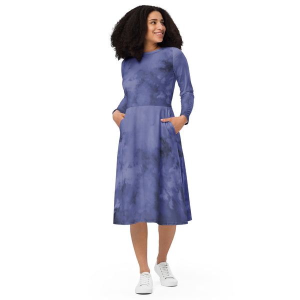 Purple Abstract Women's Dress, Long Sleeve Abstract Print Elegant Midi Dress For Women - Made in EU (US Size: 2XS-6XL) Plus Size Available For Curvy Ladies, Plus Size Women's Dresses, Plus Size Fit & Flare And A-Line Dresses For Women