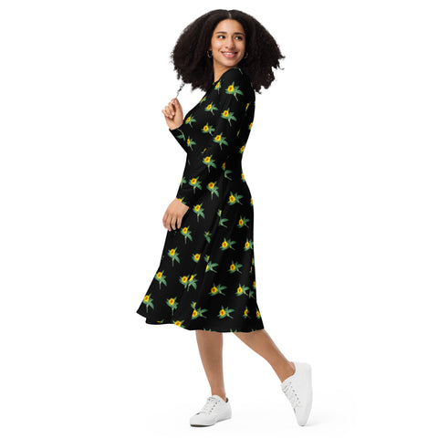 Black Sunflower Floral Dress, Long Sleeve Midi Dress For Women - Made in USA/EU (US Size: 2XS-6XL) Plus Size Available For Curvy Ladies, Plus Size Women's Dresses, Plus Size Fit & Flare And A-Line Dresses For Women