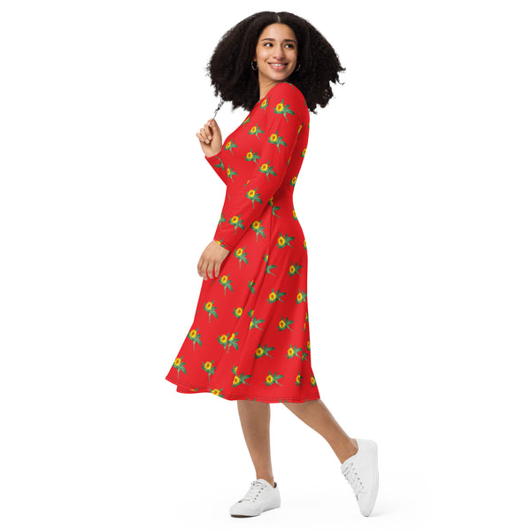 Bright Red Sunflower Floral Dress, Long Sleeve Floral Print Elegant Midi Dress For Women - Made in EU (US Size: 2XS-6XL) Plus Size Available For Curvy Ladies, Plus Size Women's Dresses, Plus Size Fit & Flare And A-Line Dresses For Women