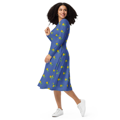 Blue Sunflower Floral Dress, Long Sleeve Floral Print Elegant Midi Dress For Women - Made in EU (US Size: 2XS-6XL) Plus Size Available For Curvy Ladies, Plus Size Women's Dresses, Plus Size Fit & Flare And A-Line Dresses For Women