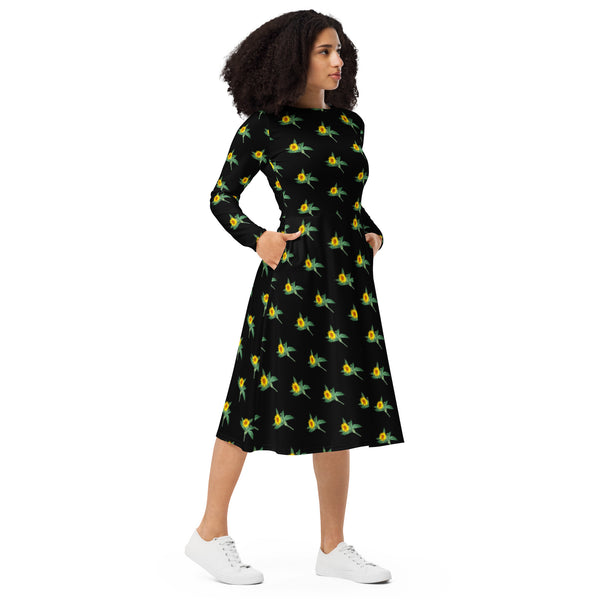 Black Sunflower Floral Dress, Long Sleeve Midi Dress For Women - Made in USA/EU (US Size: 2XS-6XL) Plus Size Available For Curvy Ladies, Plus Size Women's Dresses, Plus Size Fit & Flare And A-Line Dresses For Women