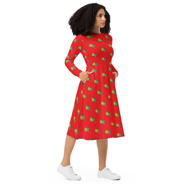 Red Sunflower Floral Dress, Long Sleeve Floral Print Elegant Midi Dress For Women - Made in EU (US Size: 2XS-6XL) Plus Size Available For Curvy Ladies, Plus Size Women's Dresses, Plus Size Fit & Flare And A-Line Dresses For Women