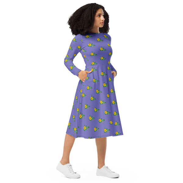 Purple Sunflower Floral Dress, Long Sleeve Floral Print Elegant Midi Dress For Women - Made in EU (US Size: 2XS-6XL) Plus Size Available For Curvy Ladies, Plus Size Women's Dresses, Plus Size Fit & Flare And A-Line Dresses For Women