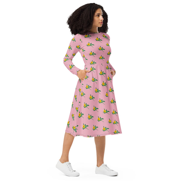 Pink Sunflower Floral Dress, Long Sleeve Floral Print Elegant Midi Dress For Women - Made in EU (US Size: 2XS-6XL) Plus Size Available For Curvy Ladies, Plus Size Women's Dresses, Plus Size Fit & Flare And A-Line Dresses For Women