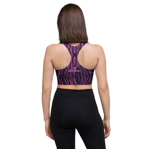 Purple Tiger Striped Sports Bra, Longline Gym Exercise Padded Compression Extra Supportive Skinny Fit Double-Layered Front Sports Bra For Women-Made in USA/EU/MX (US Size: XS-3XL)