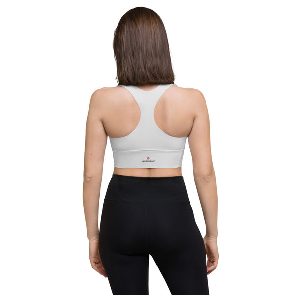 Light Grey Longline Sports Bra, Solid Grey Color Best Longline Gym Exercise Padded Compression Extra Supportive Skinny Fit Double-Layered Front Sports Bra For Women-Made in USA/EU/MX (US Size: XS-3XL)