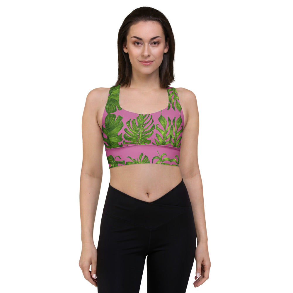 Pink Tropical Leaves Sports Bra, Longline Gym Exercise Padded Compression Extra Supportive Skinny Fit Double-Layered Front Sports Bra For Women-Made in USA/EU/MX (US Size: XS-3XL)