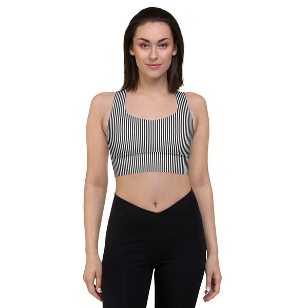 Black White Striped Sports Bra, Best Vertical Stripes Longline Gym Exercise Padded Compression Extra Supportive Skinny Fit Double-Layered Front Sports Bra For Women-Made in USA/EU/MX (US Size: XS-3XL)