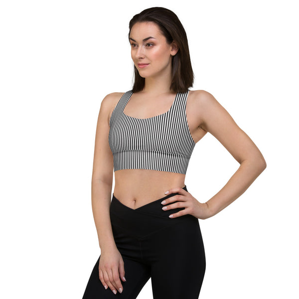 Black White Striped Sports Bra, Best Vertical Stripes Longline Gym Exercise Padded Compression Extra Supportive Skinny Fit Double-Layered Front Sports Bra For Women-Made in USA/EU/MX (US Size: XS-3XL)