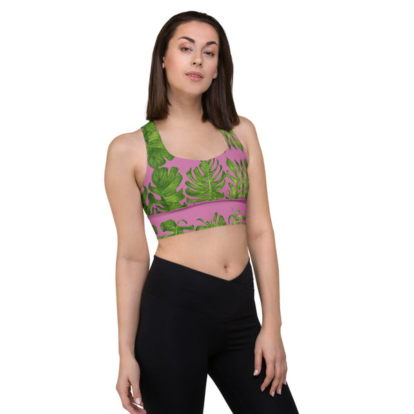 Pink Tropical Leaves Sports Bra, Longline Gym Exercise Padded Compression Extra Supportive Skinny Fit Double-Layered Front Sports Bra For Women-Made in USA/EU/MX (US Size: XS-3XL)