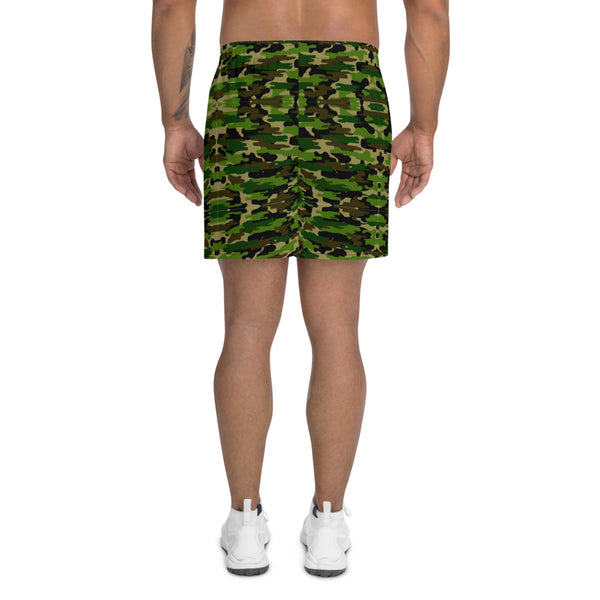 Green Camo Men's Shorts, Camouflaged Army Military Print Premium Quality Men's Athletic Best Long Shorts With Meshed Side Pockets- Made in EU (US Size: XS-3XL)