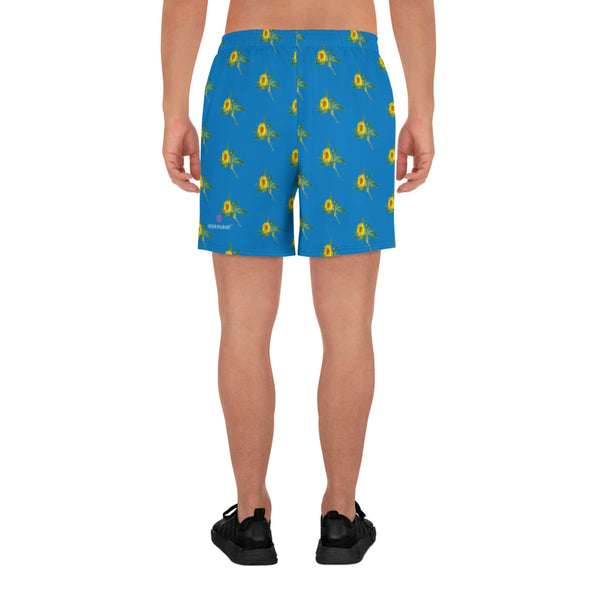 Blue Sunflower Floral Men's Shorts, Floral Sunflower Print Workout Premium Quality Men's Athletic Long Fashion Basketball Running Shorts (US Size: XS-3XL) Made in Europe, Men's Shorts, Men's Clothing, Mens Floral Shorts, Floral Printed Basketball Shorts Men's