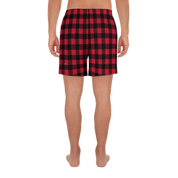 Buffalo Red Plaid Men's Shorts, Flannel Print Men's Athletic Long Shorts