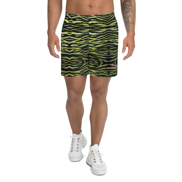 Yellow Tiger Striped Men's Shorts, Animal Print Premium Quality Men's Athletic Best Long Shorts With Meshed Side Pockets- Made in EU (US Size: XS-3XL)