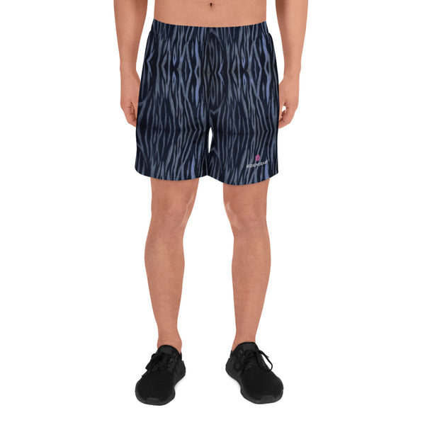 Blue Tiger Striped Men's Shorts, Animal Print Premium Quality Men's Athletic Best Long Shorts With Meshed Side Pockets- Made in EU (US Size: XS-3XL)