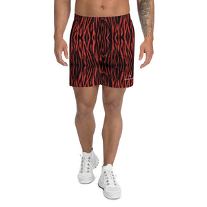 Red Tiger Striped Men's Shorts, Red and Black Animal Print Premium Quality Men's Athletic Best Long Shorts With Meshed Side Pockets- Made in EU (US Size: XS-3XL)