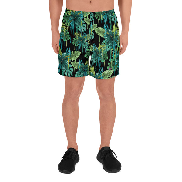 Tropical Leaf Print Men's Shorts, Green Black Tropical Leaves Hawaiian Style Premium Quality Men's Athletic Best Long Shorts With Meshed Side Pockets- Made in EU (US Size: XS-3XL)