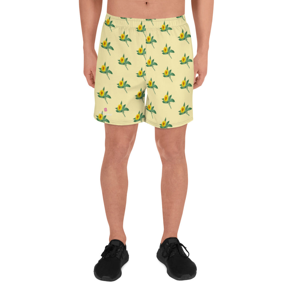 Yellow Sunflower Floral Men's Shorts, Floral Sunflower Print Workout Premium Quality Men's Athletic Long Fashion Basketball Running Shorts (US Size: XS-3XL) Made in Europe, Men's Shorts, Men's Clothing, Mens Floral Shorts, Floral Printed Basketball Shorts Men's