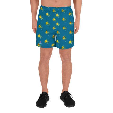 Blue Sunflower Floral Men's Shorts, Floral Sunflower Print Workout Premium Quality Men's Athletic Long Fashion Basketball Running Shorts (US Size: XS-3XL) Made in Europe, Men's Shorts, Men's Clothing, Mens Floral Shorts, Floral Printed Basketball Shorts Men's