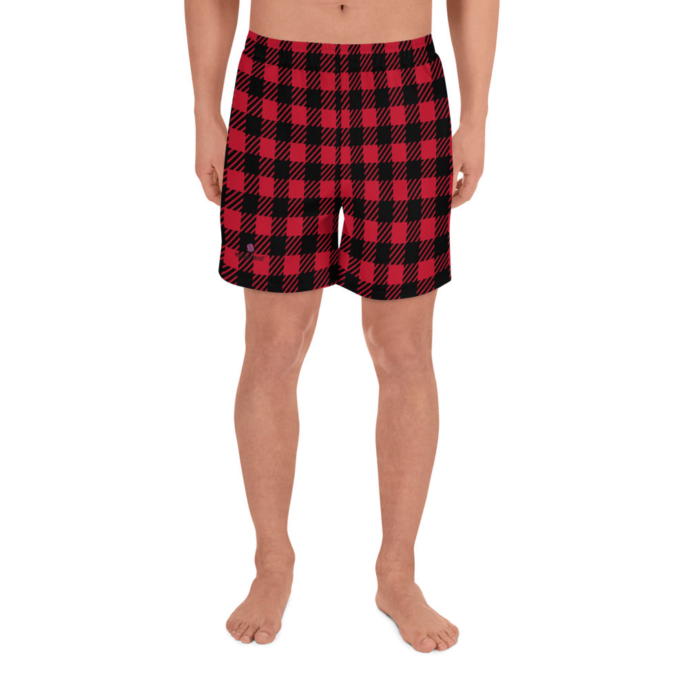 Buffalo Red Plaid Men's Shorts, Flannel Print Men's Athletic Long Shorts