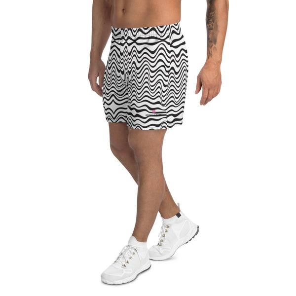 Black Wavy Men's Shorts, Abstract Black White Waves Print Premium Quality Men's Athletic Best Long Shorts With Meshed Side Pockets- Made in EU (US Size: XS-3XL)