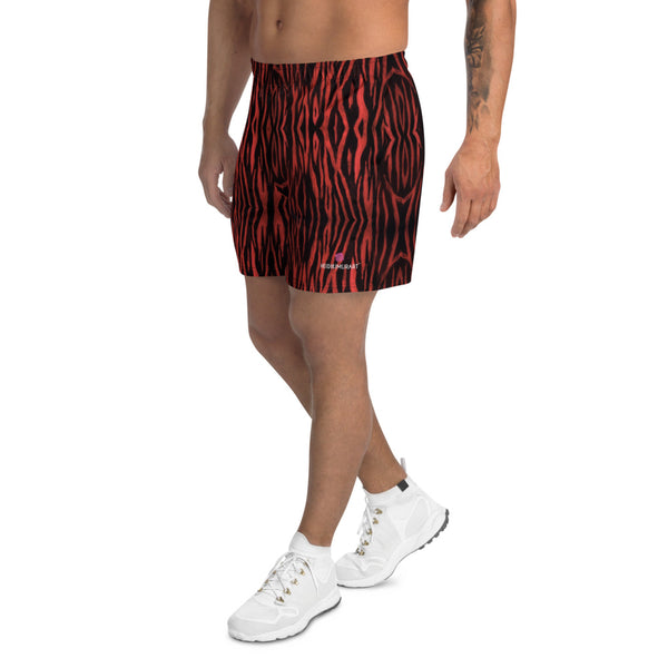 Red Tiger Striped Men's Shorts, Red and Black Animal Print Premium Quality Men's Athletic Best Long Shorts With Meshed Side Pockets- Made in EU (US Size: XS-3XL)