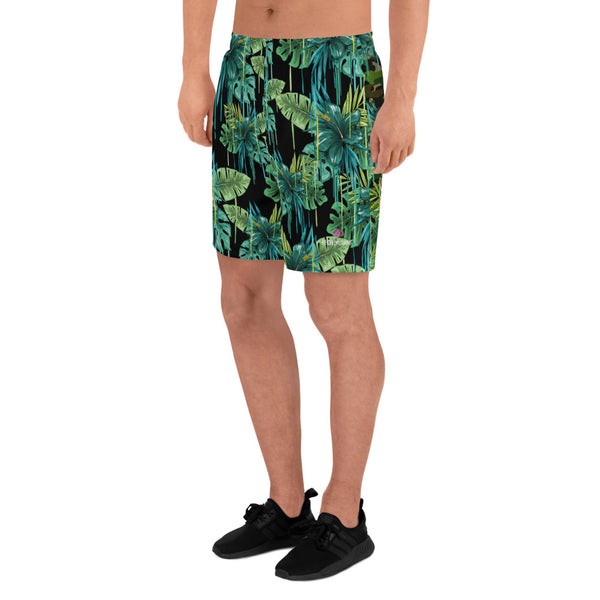 Tropical Leaf Print Men's Shorts, Green Black Tropical Leaves Hawaiian Style Premium Quality Men's Athletic Best Long Shorts With Meshed Side Pockets- Made in EU (US Size: XS-3XL)