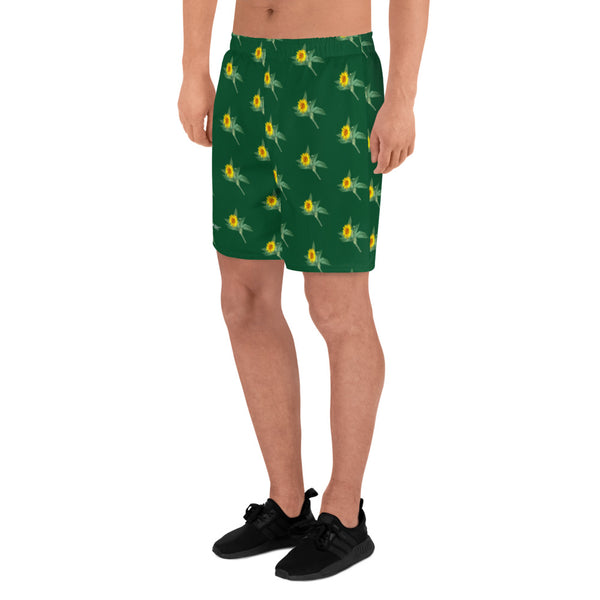 Yellow Sunflower Floral Men's Shorts, Green Floral Sunflower Print Workout Premium Quality Men's Athletic Long Fashion Basketball Running Shorts (US Size: XS-3XL) Made in Europe, Men's Shorts, Men's Clothing, Mens Floral Shorts, Floral Printed Basketball Shorts Men's