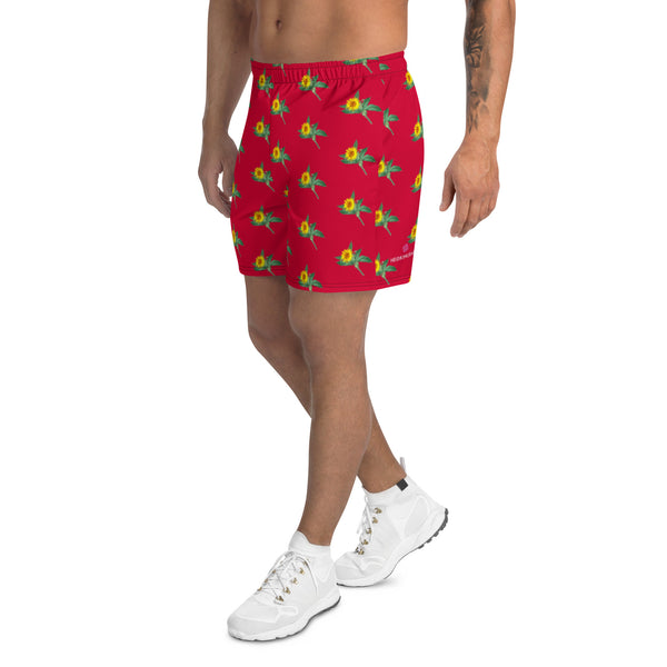 Yellow Sunflower Floral Men's Shorts, Red Floral Sunflower Print Workout Premium Quality Men's Athletic Long Fashion Basketball Running Shorts (US Size: XS-3XL) Made in Europe, Men's Shorts, Men's Clothing, Mens Floral Shorts, Floral Printed Basketball Shorts Men's