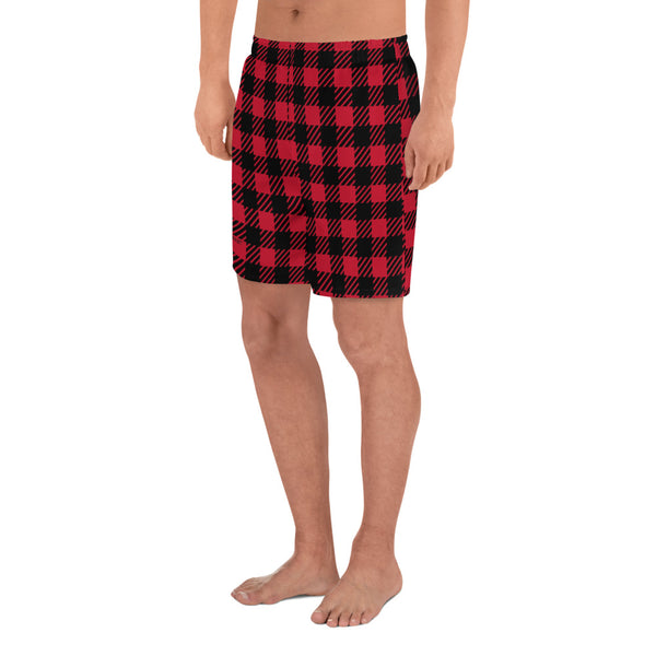 Buffalo Red Plaid Men's Shorts, Flannel Print Men's Athletic Long Shorts