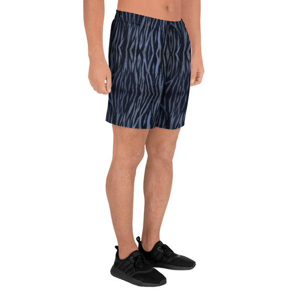 Blue Tiger Striped Men's Shorts, Animal Print Premium Quality Men's Athletic Best Long Shorts With Meshed Side Pockets- Made in EU (US Size: XS-3XL)