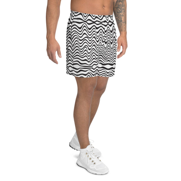 Black Wavy Men's Shorts, Abstract Black White Waves Print Premium Quality Men's Athletic Best Long Shorts With Meshed Side Pockets- Made in EU (US Size: XS-3XL)