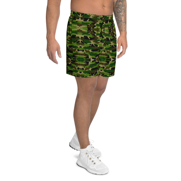 Green Camo Men's Shorts, Camouflaged Army Military Print Premium Quality Men's Athletic Best Long Shorts With Meshed Side Pockets- Made in EU (US Size: XS-3XL)