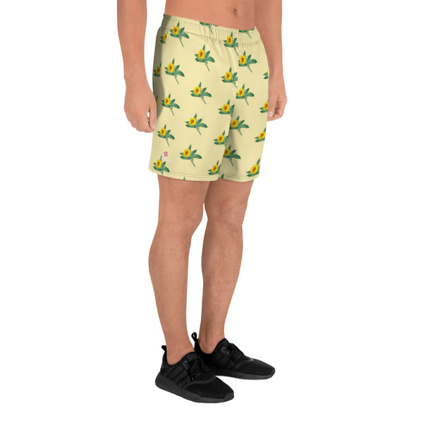Yellow Sunflower Floral Men's Shorts, Floral Sunflower Print Workout Premium Quality Men's Athletic Long Fashion Basketball Running Shorts (US Size: XS-3XL) Made in Europe, Men's Shorts, Men's Clothing, Mens Floral Shorts, Floral Printed Basketball Shorts Men's