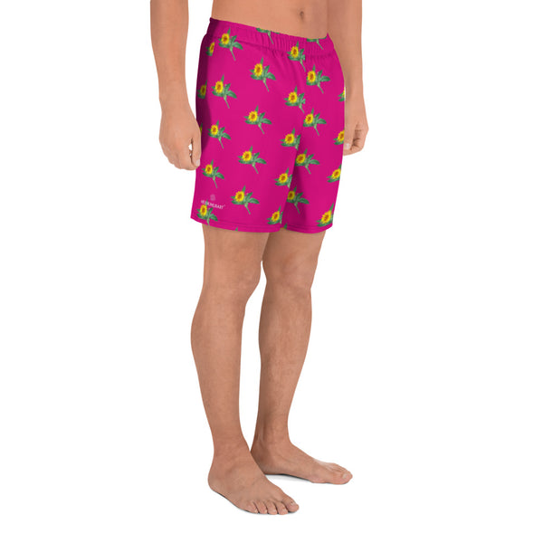 Pink Sunflower Floral Men's Shorts, Yellow and Dark Pink Floral Sunflower Print Workout Premium Quality Men's Athletic Long Fashion Basketball Running Shorts (US Size: XS-3XL) Made in Europe, Men's Shorts, Men's Clothing, Mens Floral Shorts, Floral Printed Basketball Shorts Men's