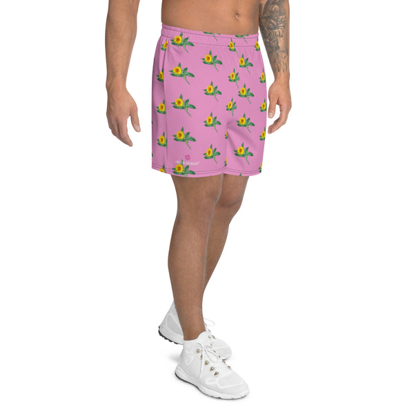 Yellow Sunflower Floral Men's Shorts, Light Pink and Yellow Floral Sunflower Print Workout Premium Quality Men's Athletic Long Fashion Basketball Running Shorts (US Size: XS-3XL) Made in Europe, Men's Shorts, Men's Clothing, Mens Floral Shorts, Floral Printed Basketball Shorts Men's