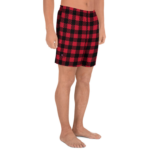 Buffalo Red Plaid Men's Shorts, Flannel Print Men's Athletic Long Shorts